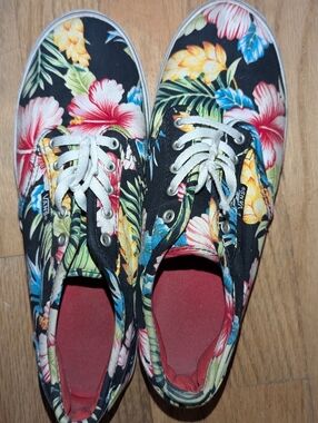 Vans Floral Tropical Print Sneakers Womens 7 Black Canvas Lace Up Low Top Shoes